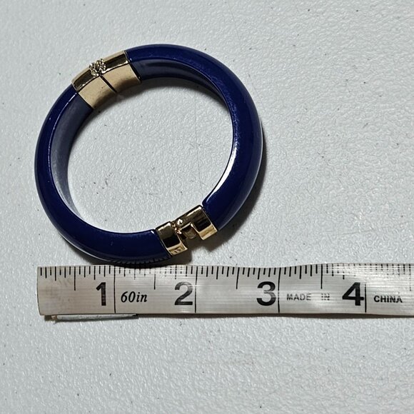 Retro Blue Resin Bangle Bracelet Gold Tone Rhinestone Accent Hinge Cuff Fashion - Picture 5 of 5